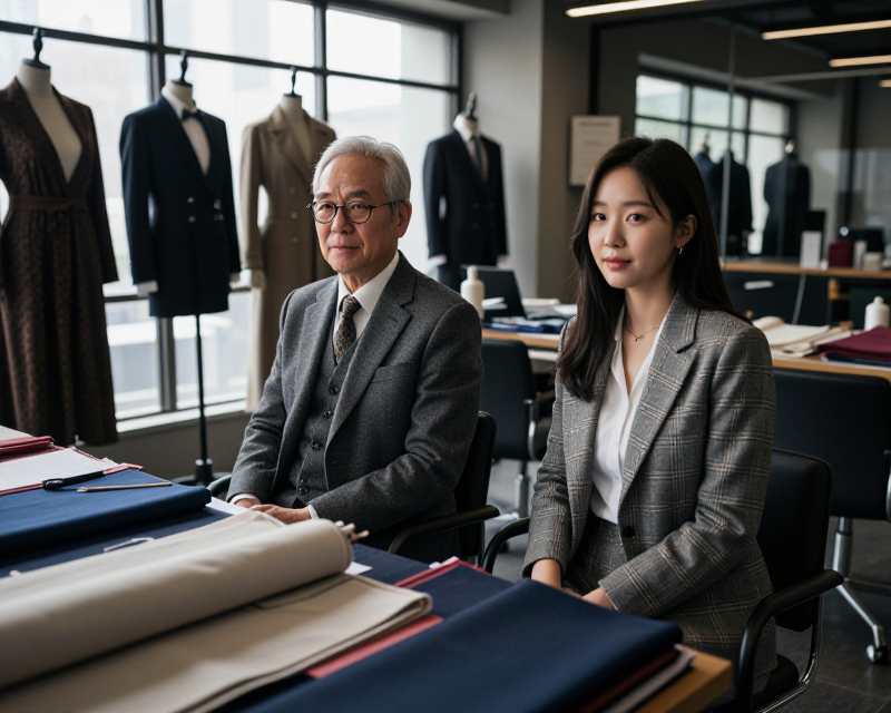Cinematic scene of intergenerational connection in a Seoul fashion studio
